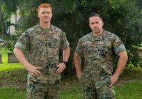 Explosives Ordnance Disposal technicians Gunnery Sgt. Keith Losordo and Sgt. Joshua Alexander pose for a photo aboard Marine Corps Air Station Beaufort, July 11. Losordo and Alexander saved two people from drowning in Port Royal, July 4th.
