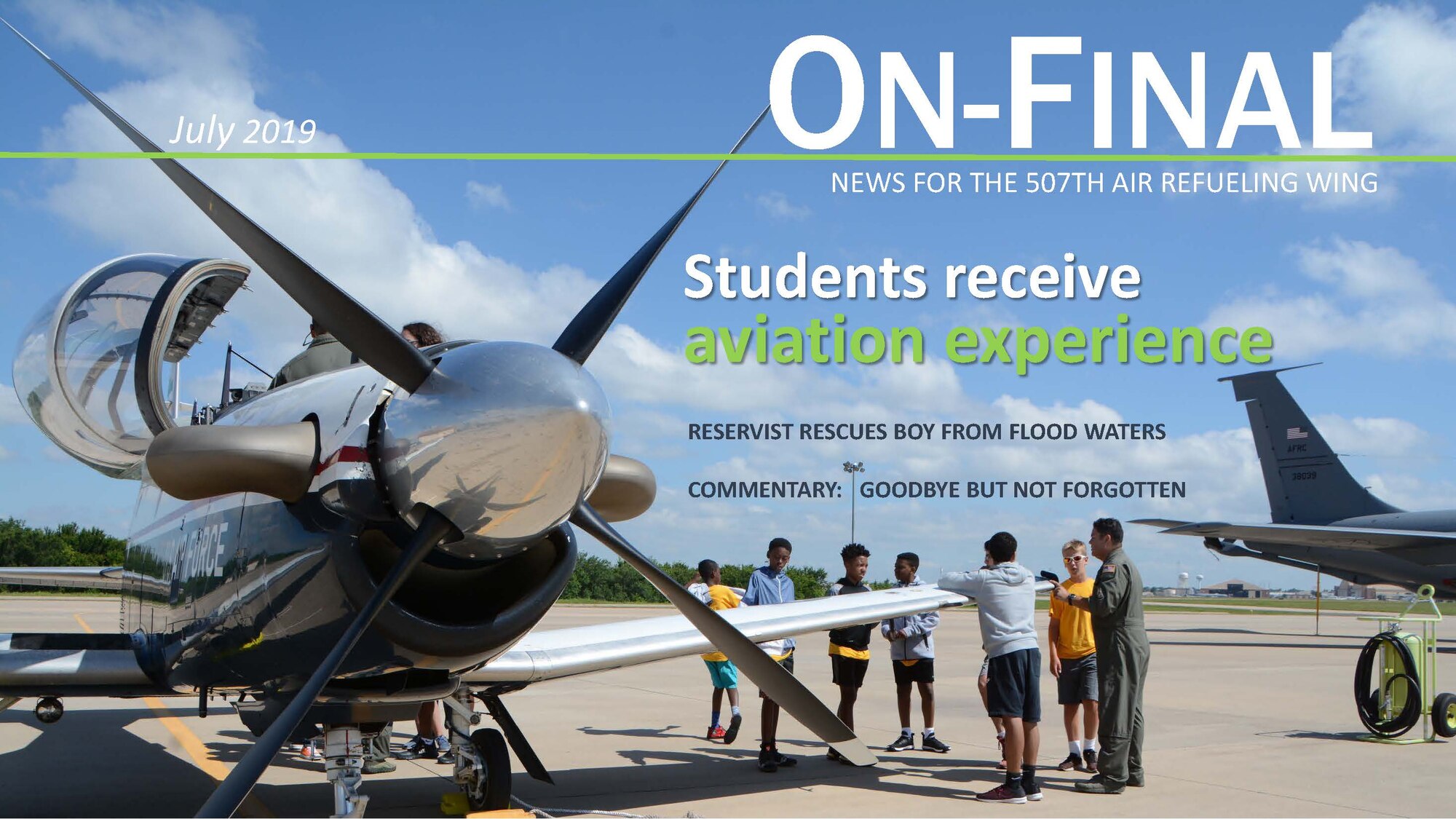 Students in the 2019 Aviation Career Education Academy speak with Air Force Reserve KC-135R Stratotanker pilot, Lt. Col. Cory Glenn, June 12, 2019, at Tinker Air Force Base, Oklahoma. The ACE academy provides middle school students weeklong immersion experiences in a variety of aviation and aerospace professions. (U.S. Air Force image by Tech. Sgt. Samantha Mathison)