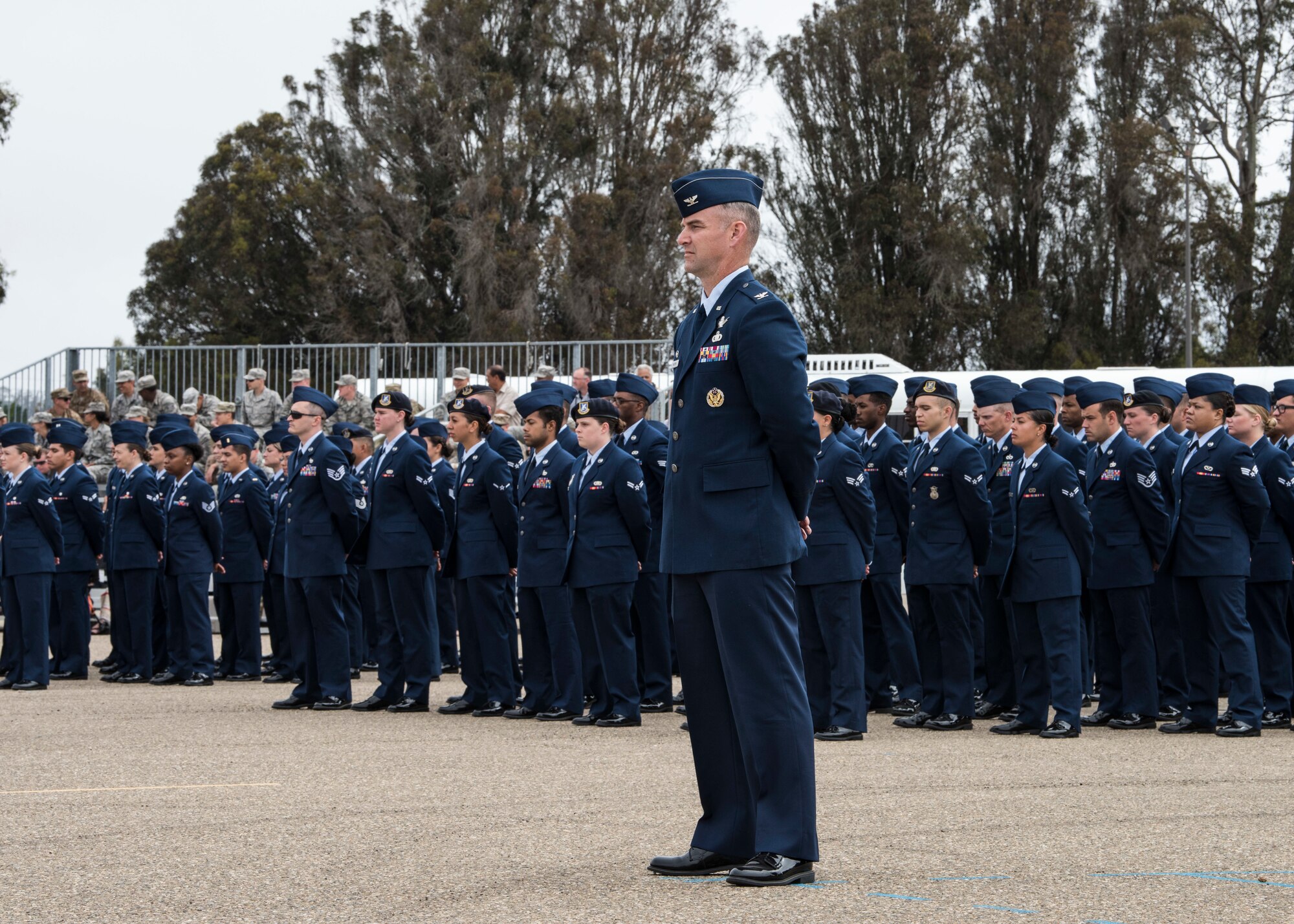 30th Space Wing members participate in a change of command ceremony July 12, 2019, at Vandenberg Air Force Base, Calif. During the ceremony, Col. Anthony J. Mastalir assumed command of the 30th Space Wing and will be in charge of operations for the Western Range, assuring continued access to space. (U.S. Air Force photo by Airman 1st Class Aubree Milks)