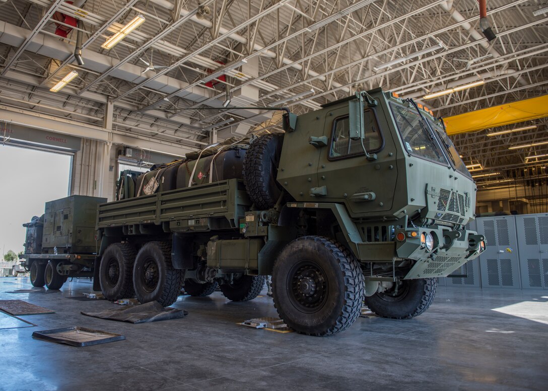 A Meduim Tactical Vehicle undergoes a weight inspection in preparation for a 726th ACS deployment exercise July 11, 2019, at Mountain Home Air Force Base, Idaho. Airmen make sure the MTVs adhere to weight regulations. (U.S. Air Force Photo by Senior Airman Tyrell Hall)