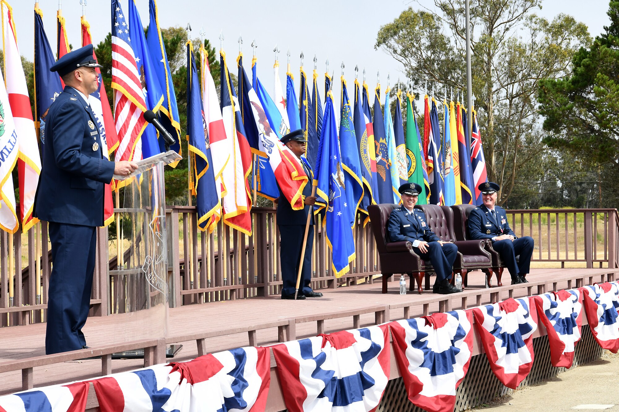 Col. Anthony J. Mastalir, 30th Space Wing commander, speaks during a change of command ceremony July 12, 2019, at Vandenberg Air Force Base, Calif.