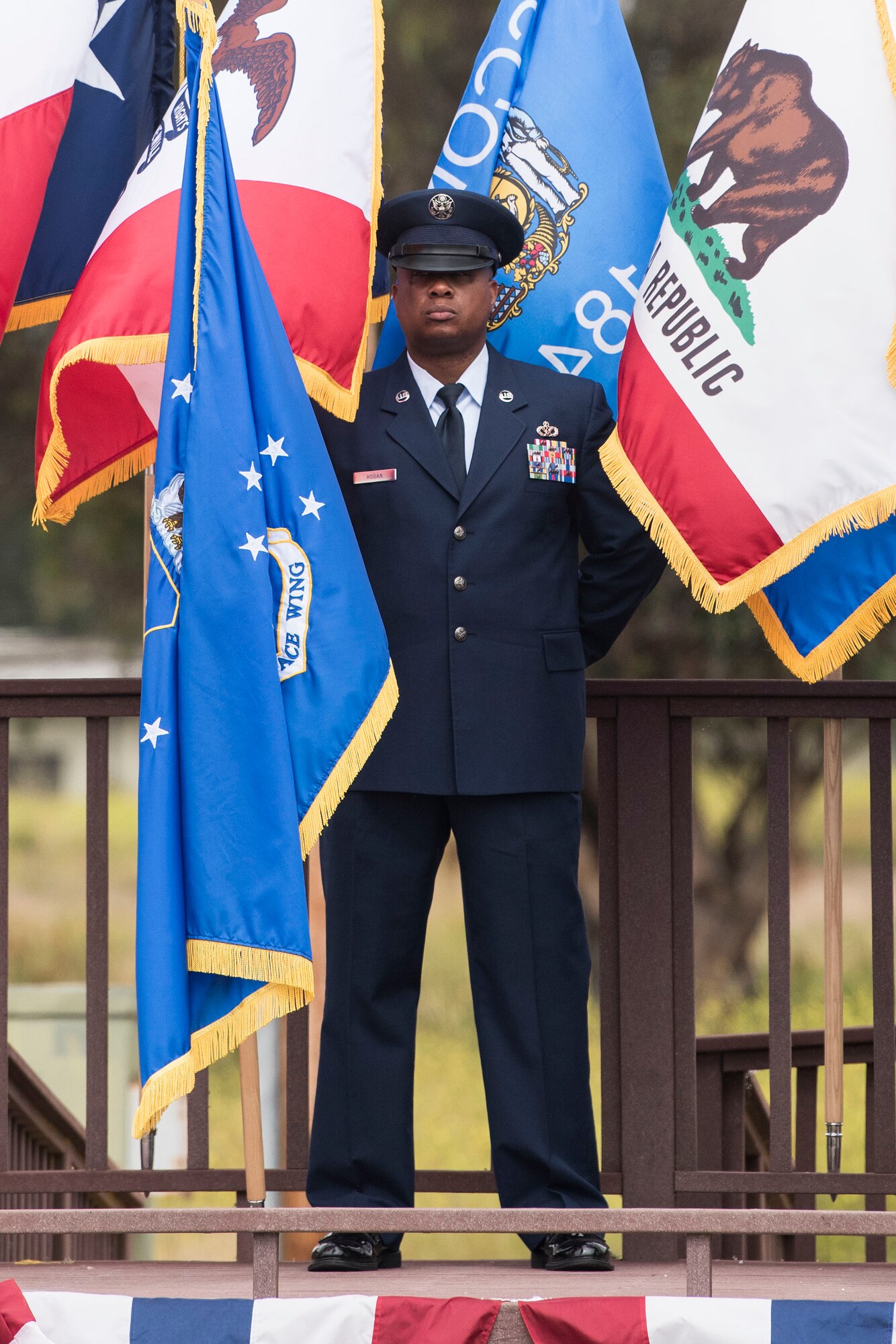 30th Space Wing members participate in a change of command ceremony July 12, 2019, at Vandenberg Air Force Base, Calif. During the ceremony, Col. Anthony J. Mastalir assumed command of the 30th Space Wing and will be in charge of operations for the Western Range, assuring continued access to space. (U.S. Air Force photo by Airman 1st Class Hanah Abercrombie)