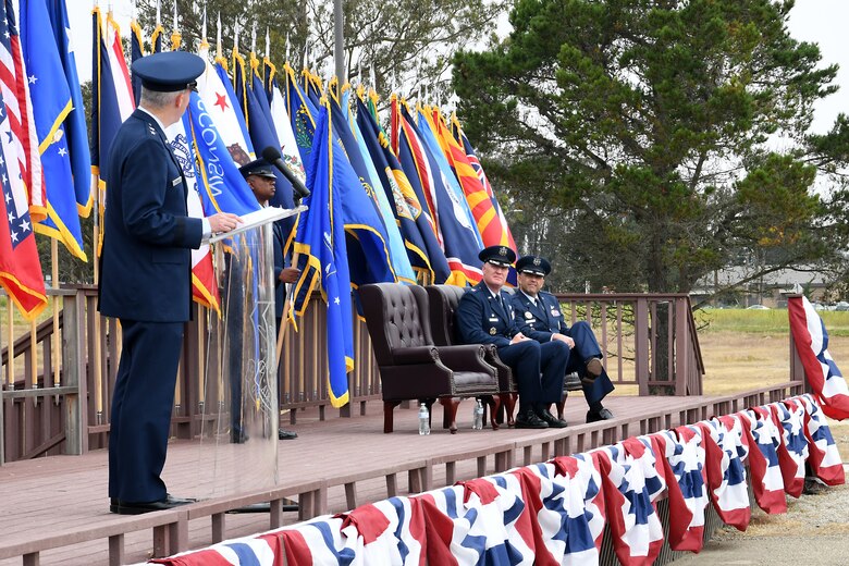 Maj. Gen. Stephen N. Whiting, 14th Air Force commander and Joint Force Space Component Command deputy commander, speaks during the 30th Space Wing change of command ceremony July 12, 2019, at Vandenberg Air Force Base, Calif.