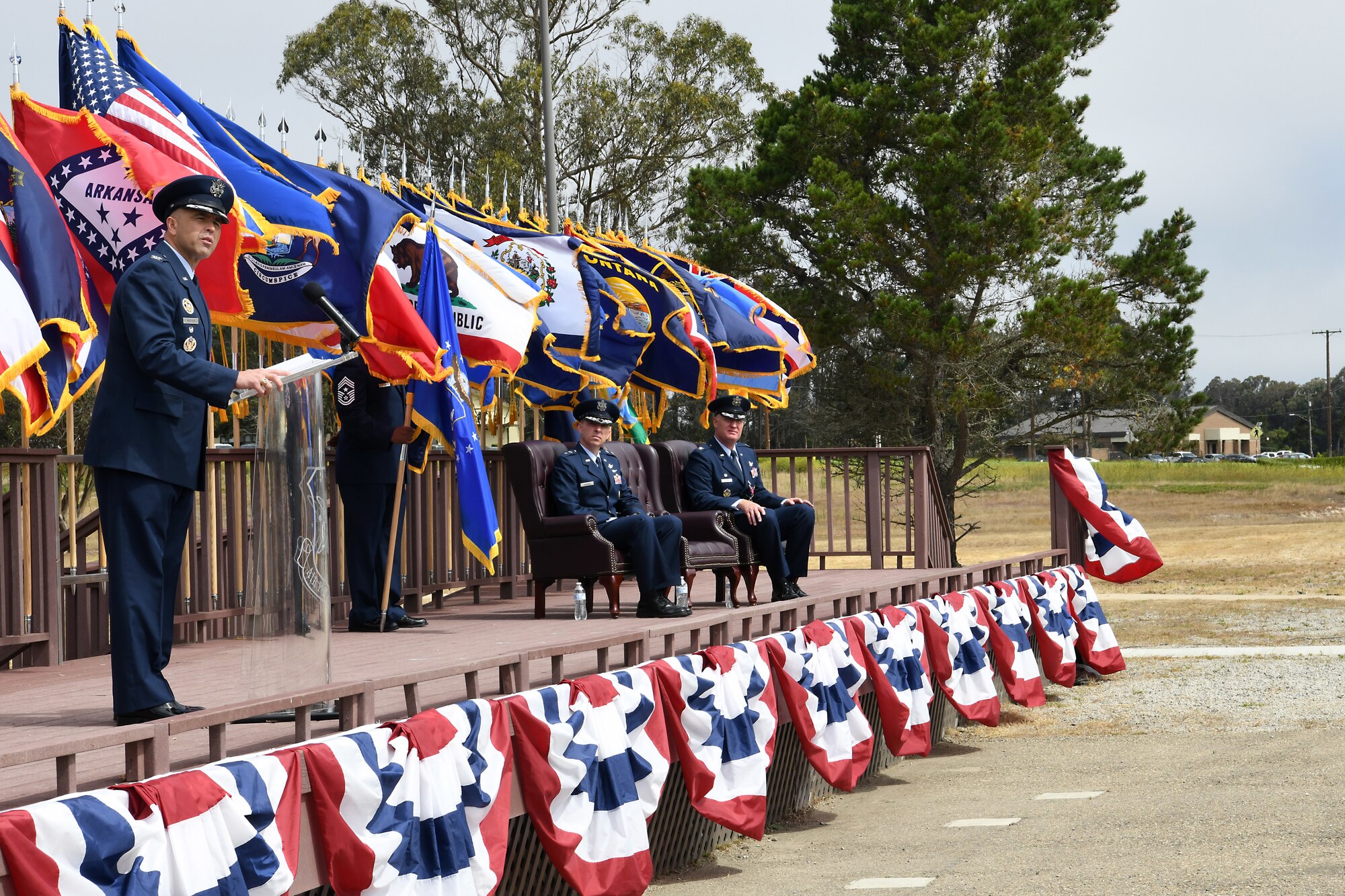 Col. Anthony J. Mastalir, 30th Space Wing commander, speaks during a change of command ceremony July 12, 2019, at Vandenberg Air Force Base, Calif.