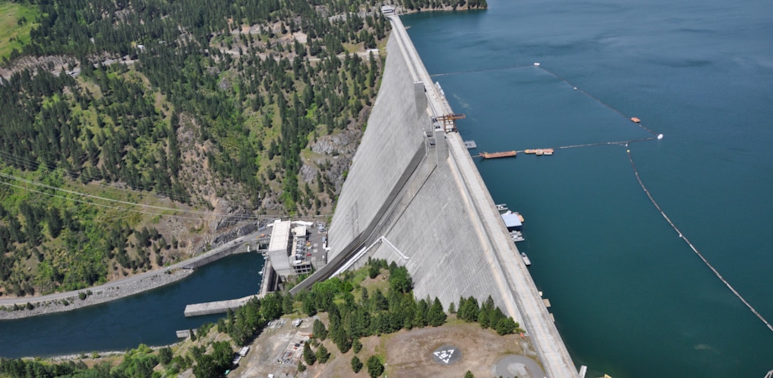 Dworshak Dam on the Clearwater River. The dam, which is 750 feet tall, is the highest straight-axis concrete dam in the Western Hemisphere. The dam is located within the Nez Perce Reservation.