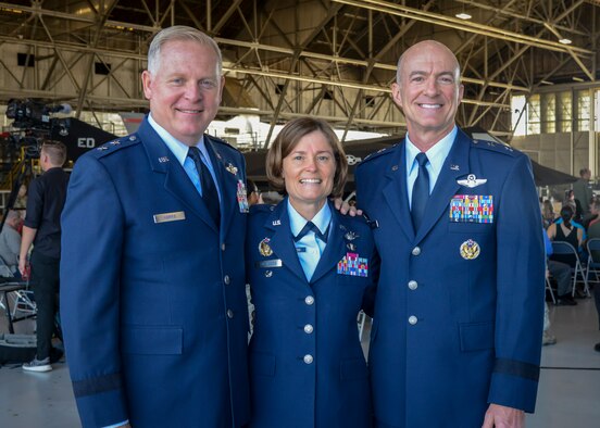 Maj. Gen. (Retired) David Harris, former AFTC Commander, Col. Angela Suplisson, Air Force Test Center Vice Commander,  and Maj. Gen. Christopher Azzano, AFTC Commander, pose for a photo prior to Suplisson's retirement ceremony at Edwards Air Force Base, California, July 12. (U.S. Air Force photo by Giancarlo Casem)