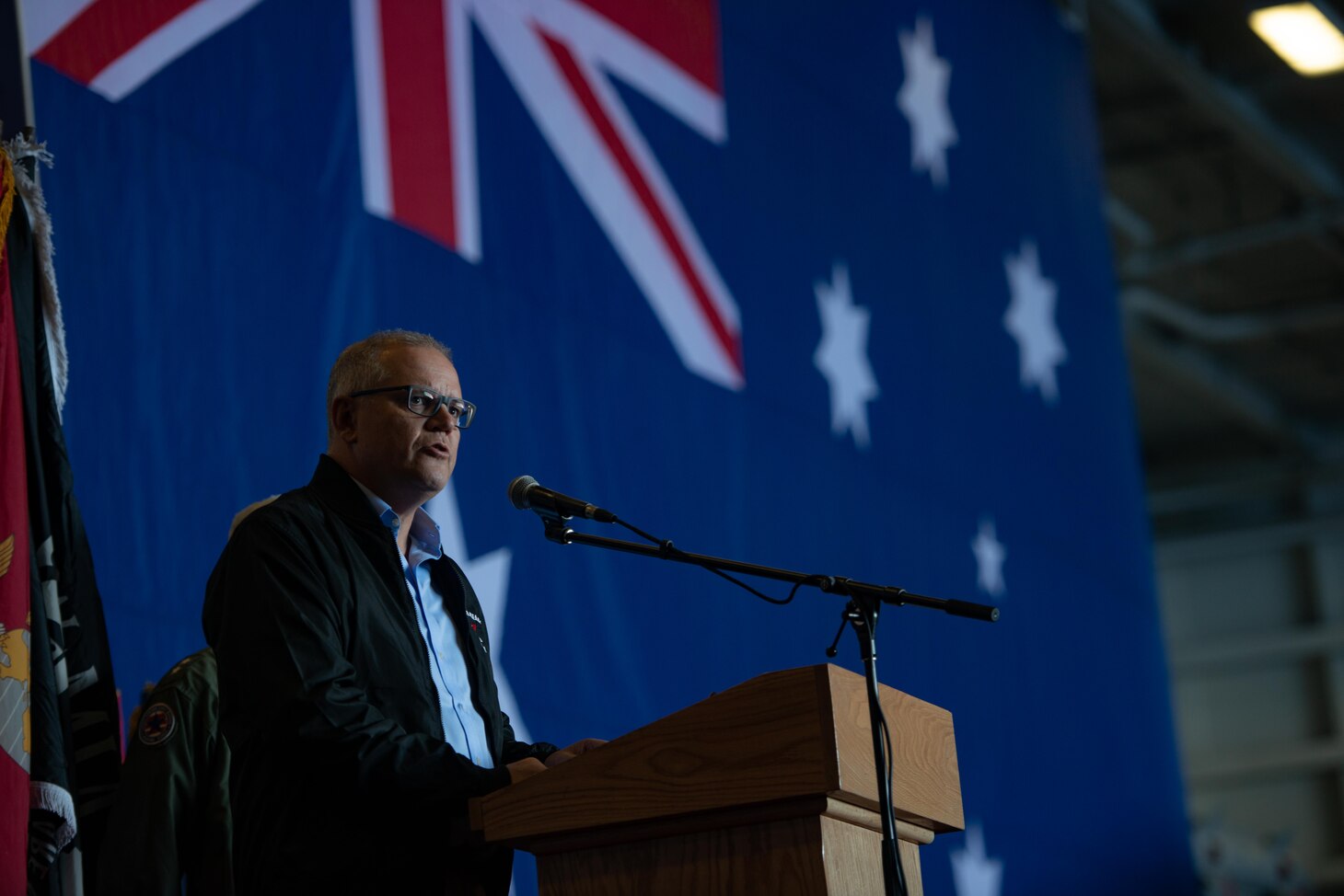 CORAL SEA (July 12, 2019) Prime Minister Scott Morrison,
prime minister of Australia, speaks to Sailors aboard the Navy's
forward-deployed aircraft carrier USS Ronald Reagan (CVN 76) during Talisman Sabre 2019. Morrison was given a tour of the ship before speaking with the crew during an all-hands call. Talisman Sabre 2019 illustrates the closeness of the Australian and U.S. alliance and the strength of the
military-to-military relationship. This is the eighth iteration of this
exercise.