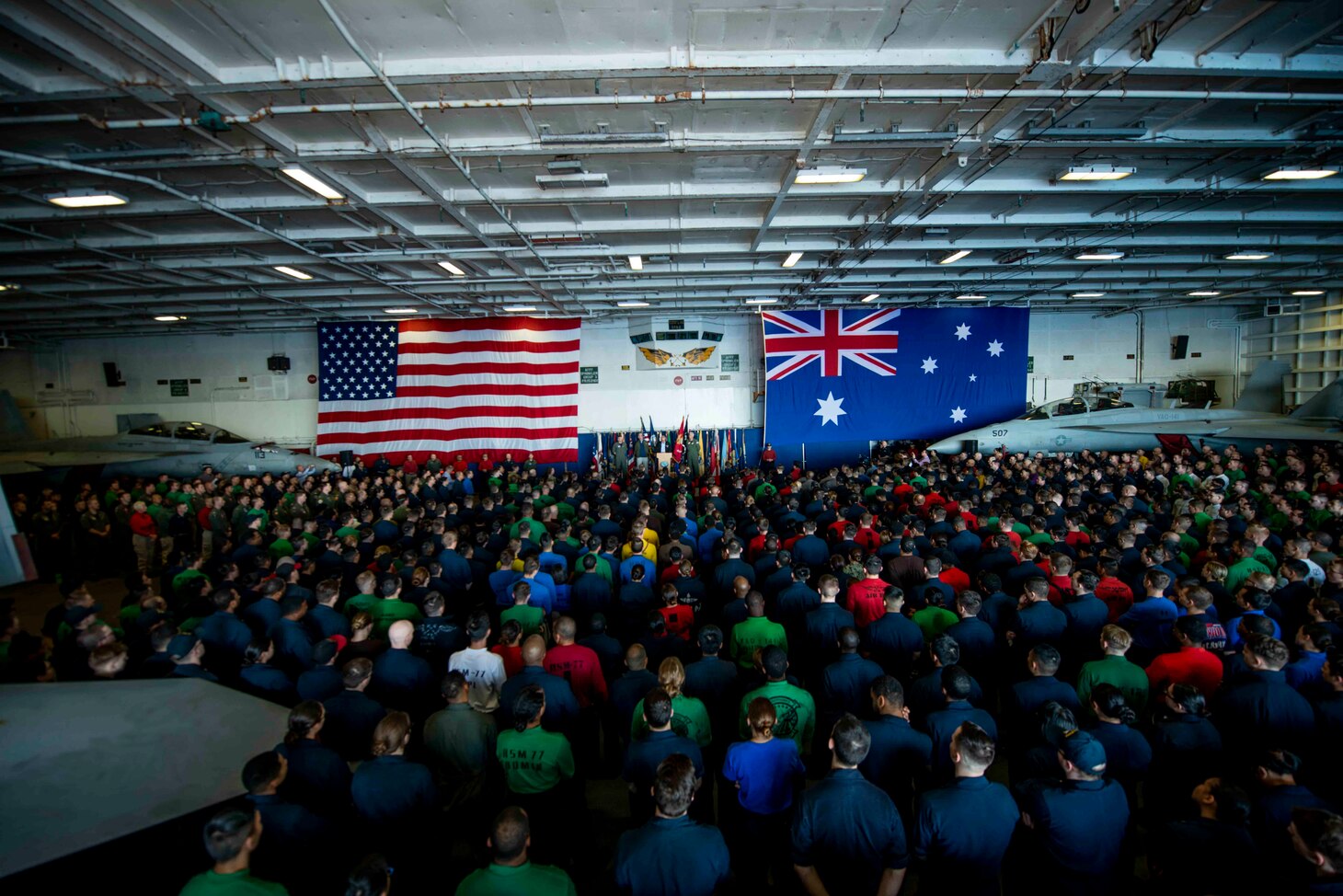 CORAL SEA (July 12, 2019) Prime Minister Scott Morrison, prime minister of Australia, speaks to Sailors aboard the Navy’s forward-deployed aircraft carrier USS Ronald Reagan (CVN 76) during Talisman Sabre 2019. Morrison was given a tour of the ship before speaking with the crew during an all-hands call. Talisman Sabre 2019 illustrates the closeness of the Australian and U.S. alliance and the strength of the military-to-military relationship. This is the eighth iteration of this exercise.