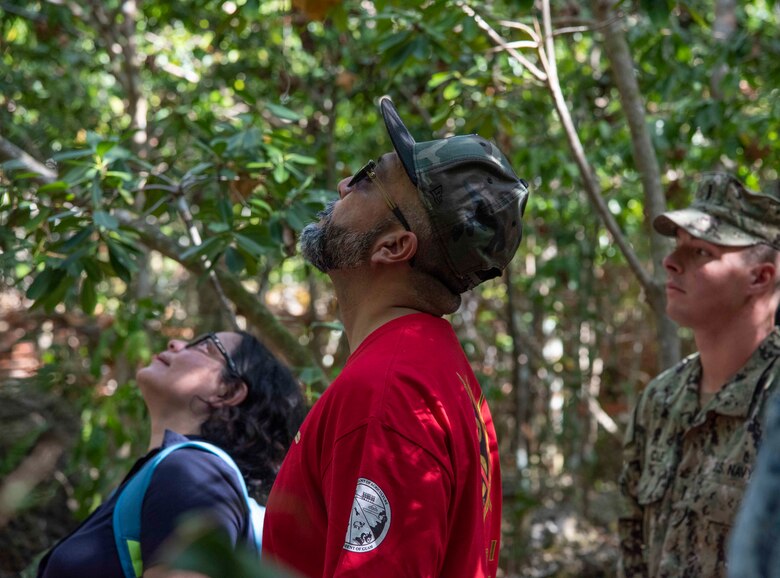 DEDEDO Guam (July 12, 2019) - Guam Sens. Sabina Perez, left, and Clynton Ridgell, center, view the endangered Serianthes nelsonii tree during a site visit at Northwest Field in Dededo July 12. At the request of Sen. Tina Muna Barnes, speaker of the 35th Guam Legislature, Rear Adm. Shoshana Chatfield, commander, Joint Region Marianas and a team of Navy and Marine Corps environmental professionals led a senatorial visit to the site of the 
endangered Serianthes nelsonii tree at Northwest Field.  The group received a briefing from Marine Corps Activity Guam (MCAG) Environmental Director Al Borja and MCAG Natural Resources Specialist Lauren Gutierrez, and saw 
firsthand the military's commitment to environmental stewardship in the 
preservation of the island's ecosystem.