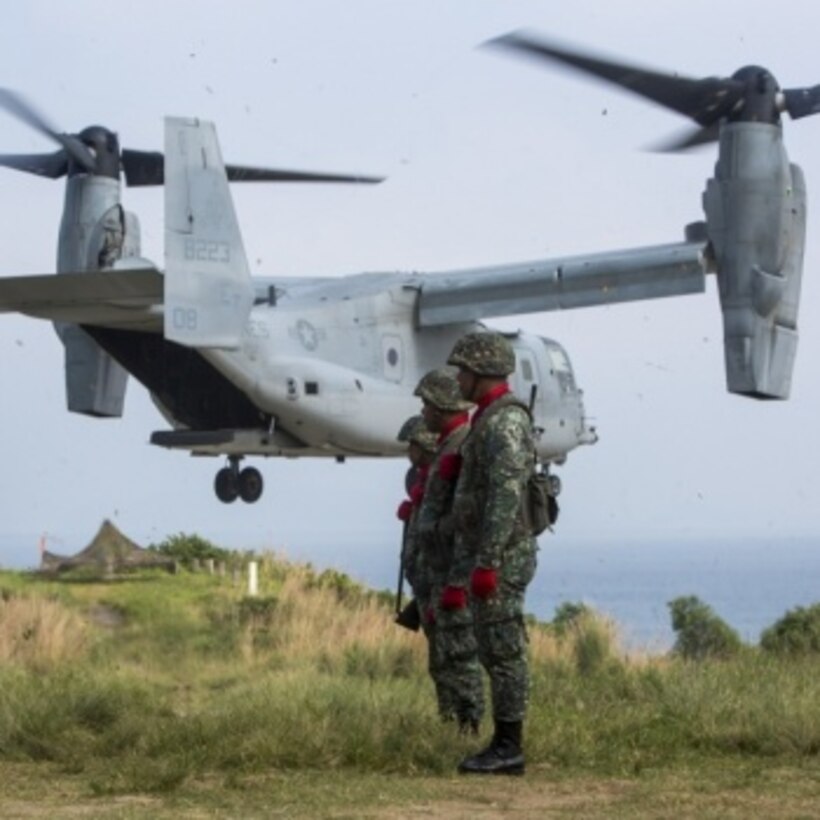 A U.S. Marine Corps MV-22 Osprey assigned to Marine Medium Tiltrotor Squadron 262 attached to the 31st Marine Expeditionary Unit, III Marine Expeditionary Force, takes off from Marine Barracks Gregorio Lim during exercise KAMANDAG 2 at Ternate, Philippines on Oct. 7, 2018.
