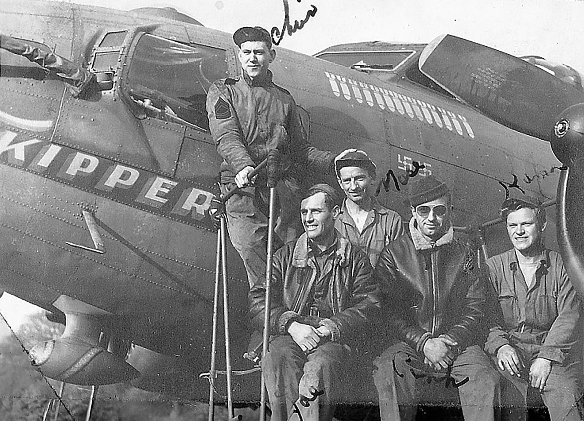 Master Sgt. Dewey Christopher, left, poses for a photo with his ground crew and his first B-17 Flying Fortress, “Skipper” at Thorpe Abbotts, Diss, England, in 1942. Christopher was a crew chief with the 100th Bombardment Group and 351st Bomb Squadron during World War II. He visited RAF Mildenhall in June 2019, when the Professional Development Center was renamed in his honor, and while here shared stories from his military days. (Courtesy photo)