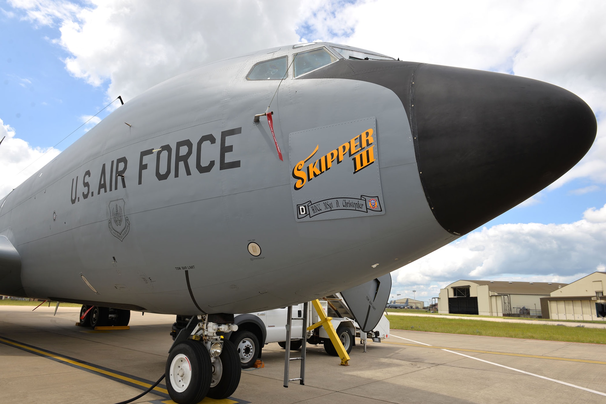 The 100th Air Refueling Wing lead jet displays special nose art of “Skipper III” in honor of retired Master Sgt. Dewey Christopher, a former 351st Bomb Squadron crew chief, 100th Bomb Group and World War II veteran, when he visited RAF Mildenhall, England, June 21, 2019. The Professional Development Center was renamed the “Dewey R. Christopher Professional Development Center” to honor the legacy of the veteran, who was guest of honor at the event. (U.S. Air Force photo by Karen Abeyasekere)