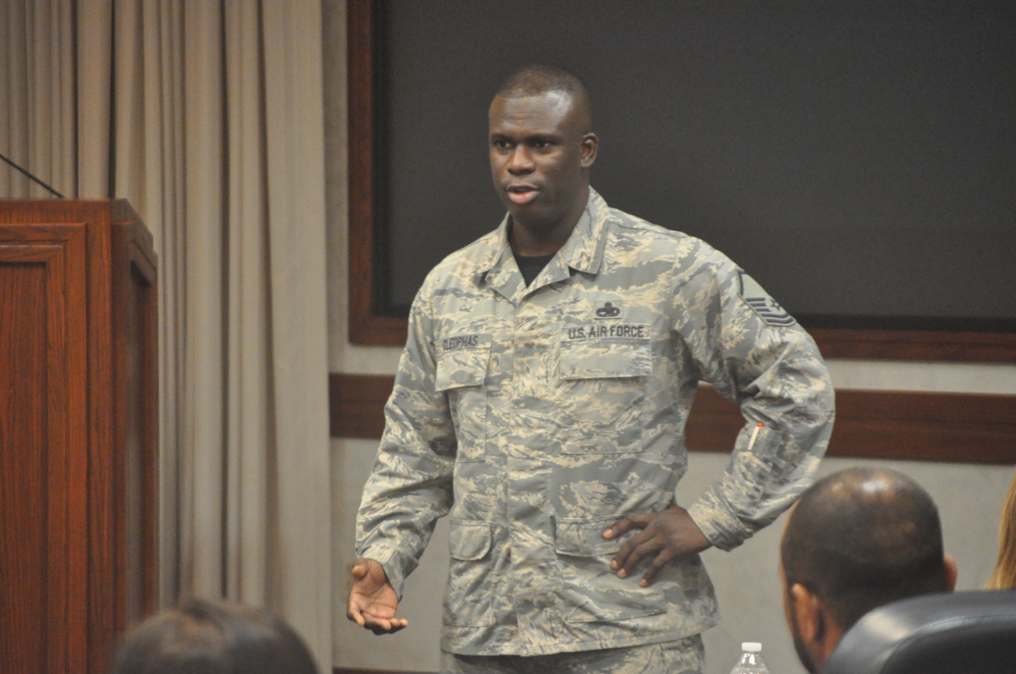 Superintendent of Continuous Improvement with the 552nd Maintenance Group, Master Sgt. Shawn Cleophas, shared his personal account of resiliency while working to gain custody of his young son and subsequently becoming a single military father with the Wingman Day audience. Wingman Day is time set aside for squadrons to promote wellness, resiliency and comradery as well as to connect Airmen with the various helping agencies at Tinker.