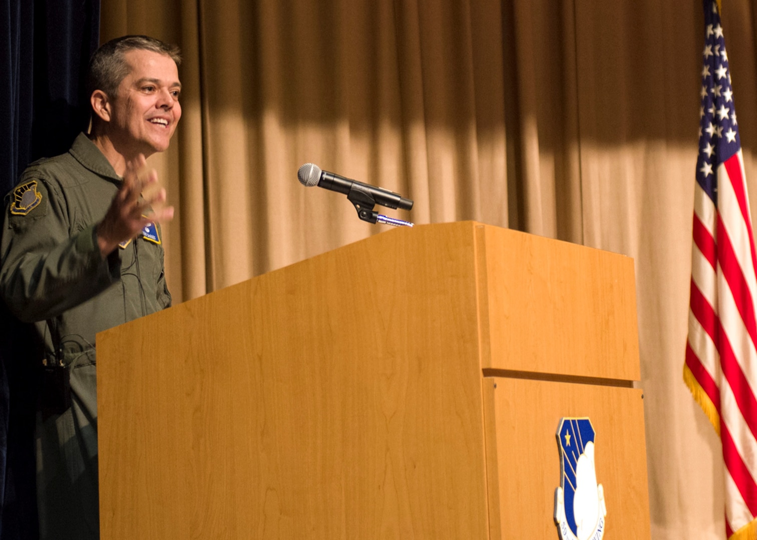 Maj. Gen. John J. DeGoes, 59th Medical Wing commander, addresses the audience after taking command during the June 14, 2018, ceremony at the old Wilford Hall Ambulatory Surgical Center auditorium at Joint Base San Antonio-Lackland. The 59th MDW provides superior graduate medical education and training, state-of-the-art research, and first-class global medical readiness. It also serves as the Air Force functional medical command for Joint Base San Antonio.