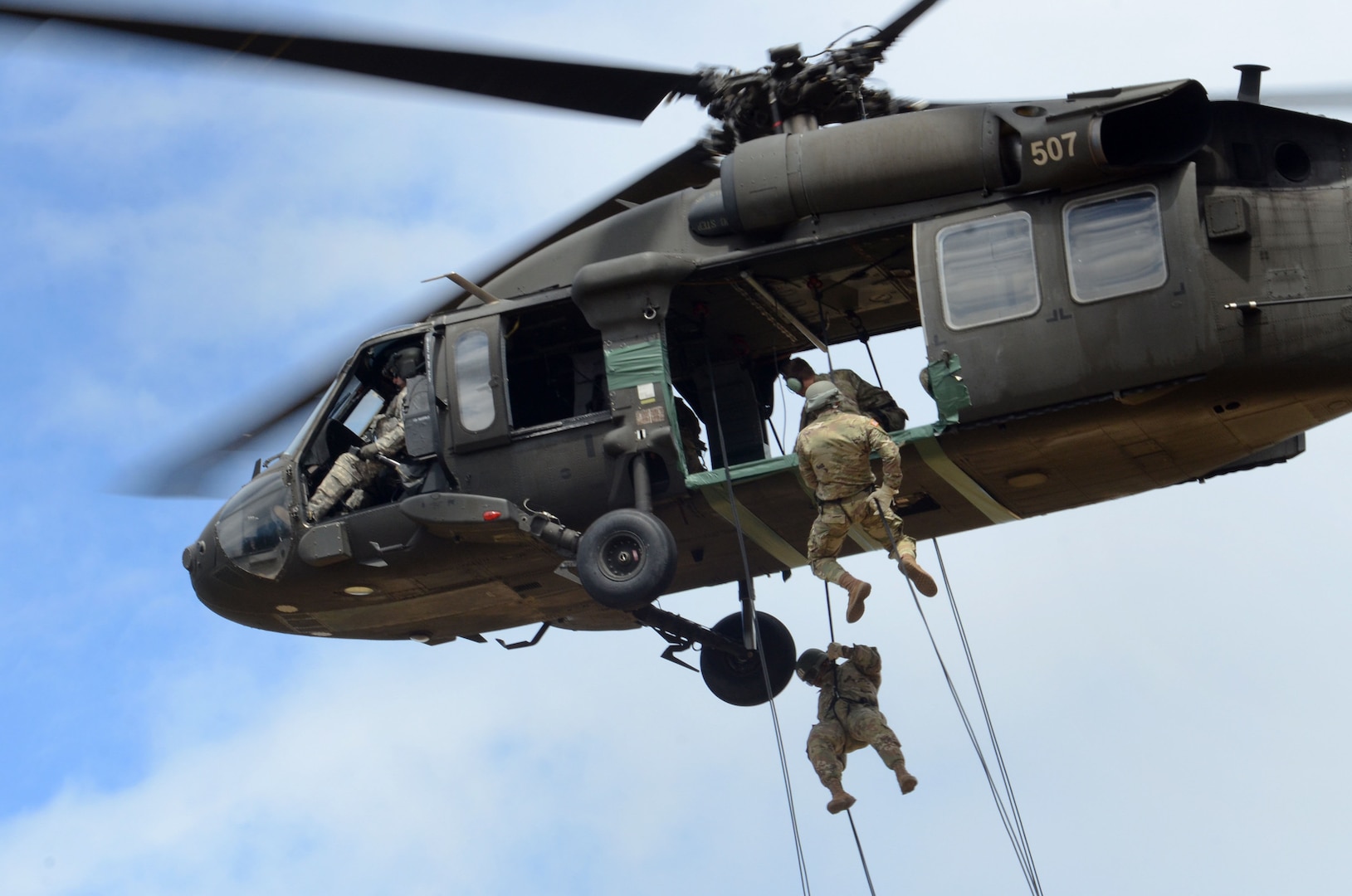 Army Soldiers take part in the rappelling portion of Air Assault School at Camp Rilea, Warrenton, Oregon, June 27, 2019.