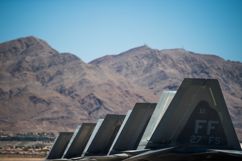 U.S. Air Force F-22 Raptors from the 1st Fighter Wing land at Nellis Air Force Base, Nevada, in support of Red Flag 19-3 July 11, 2019.