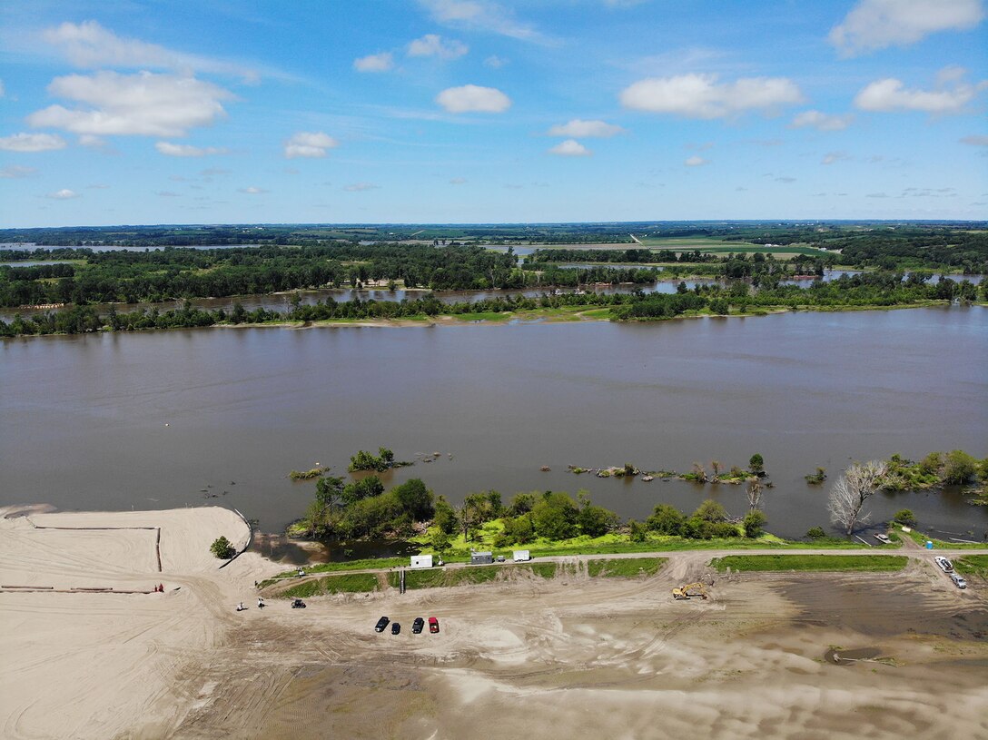 Aerial view of repair working being done at levee breach L575a_1 July 9, 2019.