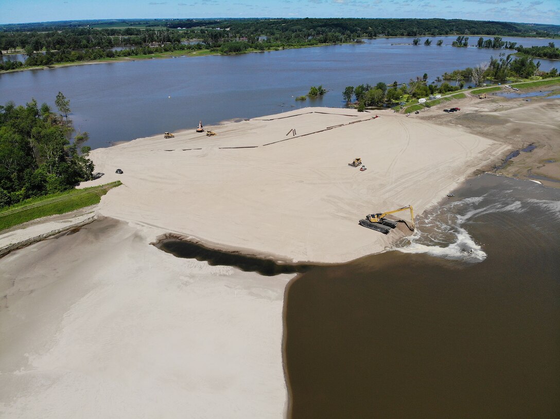 Aerial view of repair working being done at levee breach L575a_1 July 9, 2019.