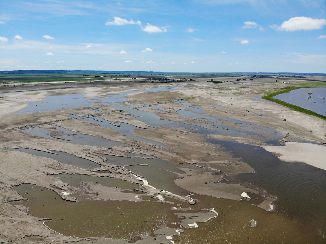 Aerial view of repair working being done at levee breach L575a_1 July 9, 2019.