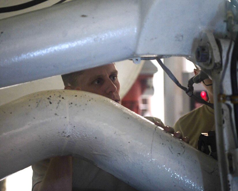 Airman 1st Class Alex Dallman, a student at the 373rd Training Squadron, visually inspects a landing gear simulator July 1, 2019, at Detachment 5 training facility, Joint Base Charleston, S.C. Detachment 5 utilizes a 44,000 square foot maintenance training facility to safely and effectively train Mobility Airmen throughout the Air Force on maintenance and repair procedures. The instructor team provides over 20,000 hours of instruction per year to new and seasoned avionic maintainers of the U.S. and partnered militaries who also utilize similar airframes. The Airmen are trained on innovative simulators in a safety oriented environment to maximize their effectiveness on the flightline. The C-17 Maintenance Trainer Development Team is comprised of training instructors from multiple Air Force Specialty Codes who fill the role as subject matter experts for the development of maintenance Airmen.