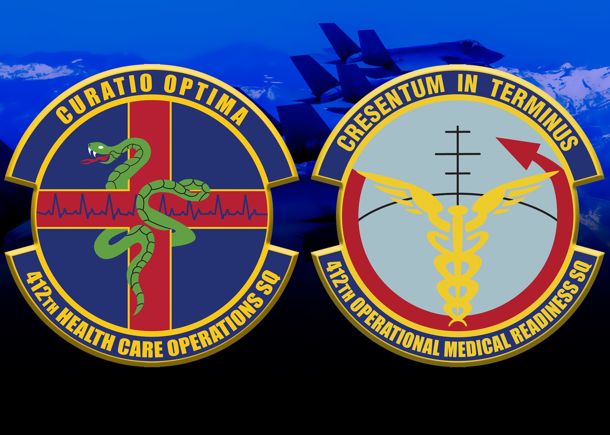 The two newest squadrons at Edwards Air Force Base: the 412th Health Care Operations Squadron and the 412th Operational Medical Readiness Squadron. (U.S. Air Force graphic by 412th Test Wing Public Affairs)