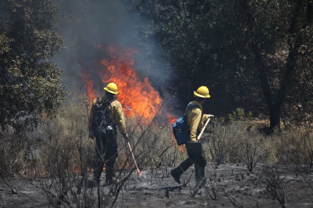 Combined military and civilian efforts consisting of various U.S. Navy, U.S. Marine Corps and CAL Fire aircraft provide aerial support to extinguish the Tomahawk Fire on Naval Weapons Station Fallbrook and Camp Pendleton, Calif., 16 May, 2014. The Tomahawk Fire has burned 6,500 acres and is one of several fires that spread aboard Camp Pendleton this week. (U.S. Marine Corps photo by Cpl. Steve Lopez/MCIW-MCB CamPen COMCAM/Released)