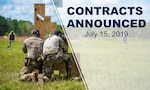 Two soldiers behind cover at a weapons range. Text says: "Contracts Announced July 15, 2019."