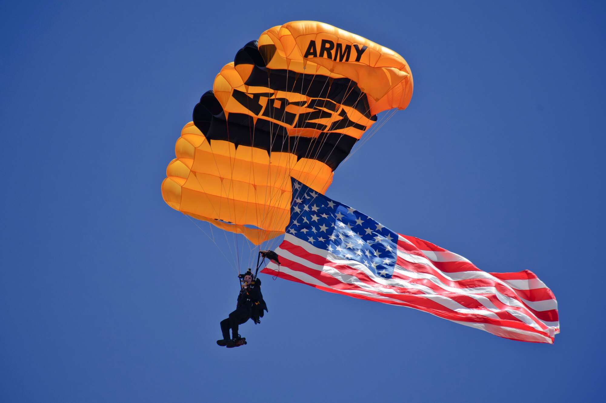 A U.S. Army parachutist with the Golden Knights parachute team approaches his landing July 13, 2019, at the “Mission Over Malmstrom” open house event on Malmstrom Air Force Base, Mont.