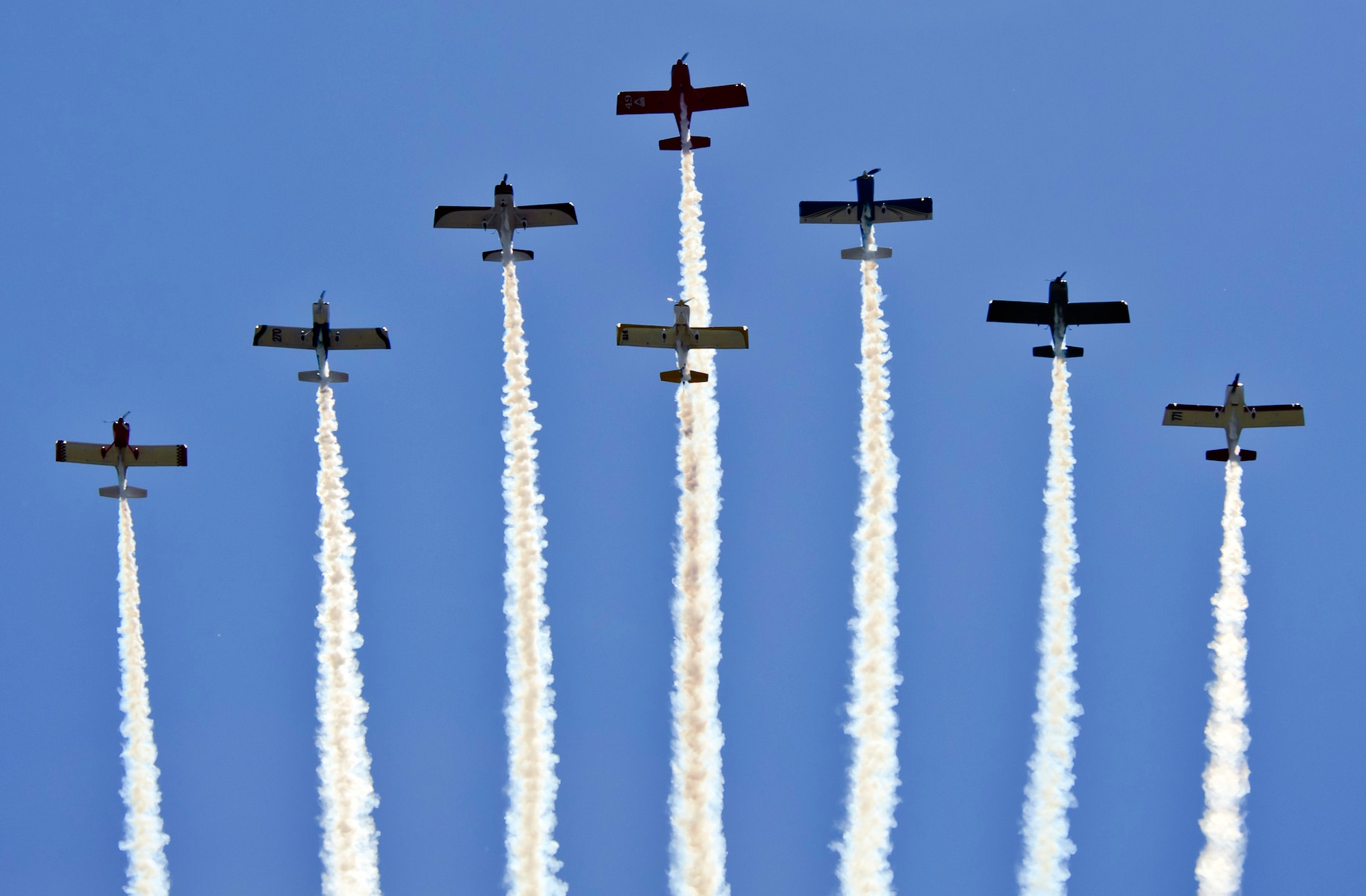 The Lightning Formation Airshows team, a fast-paced precision formation demonstration team, performs aerial stunts July 13, 2019 at the “Mission Over Malmstrom” open house event on Malmstrom Air Force Base, Mont.