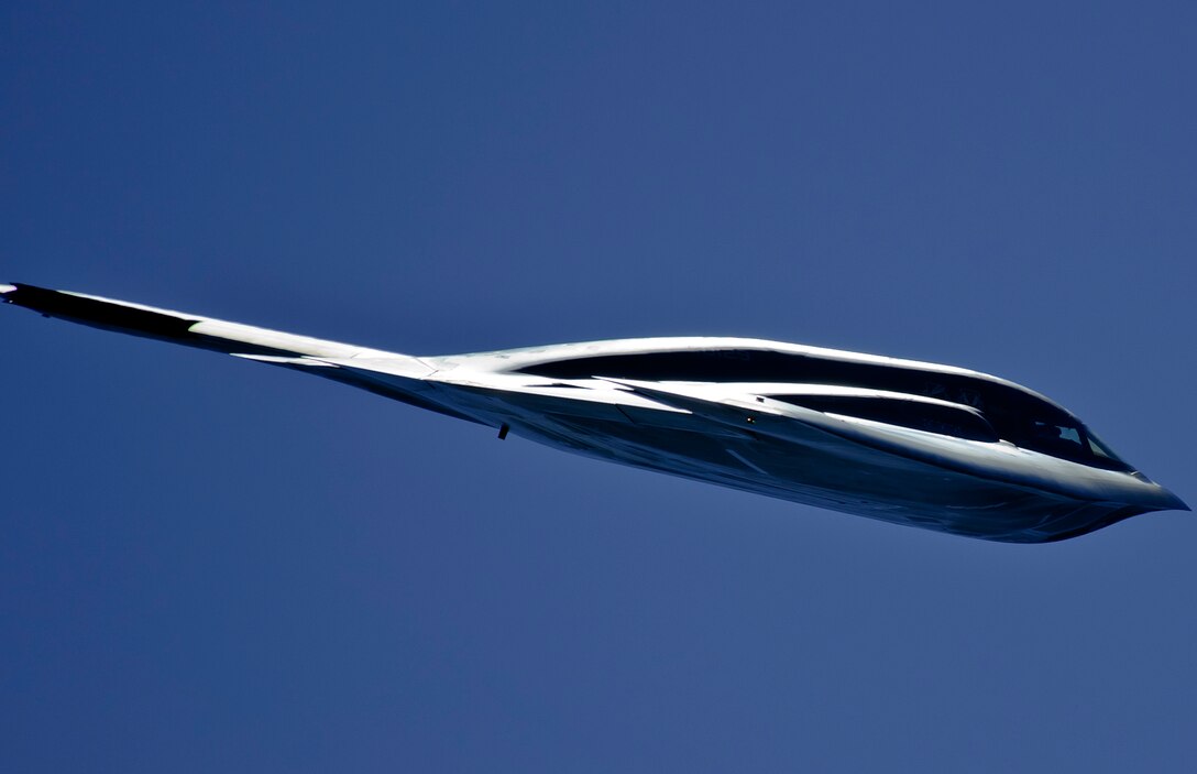 A B-2 Spirit performs a flyover July 13, 2019, at the “Mission Over Malmstrom” open house event on Malmstrom Air Force Base, Mont.