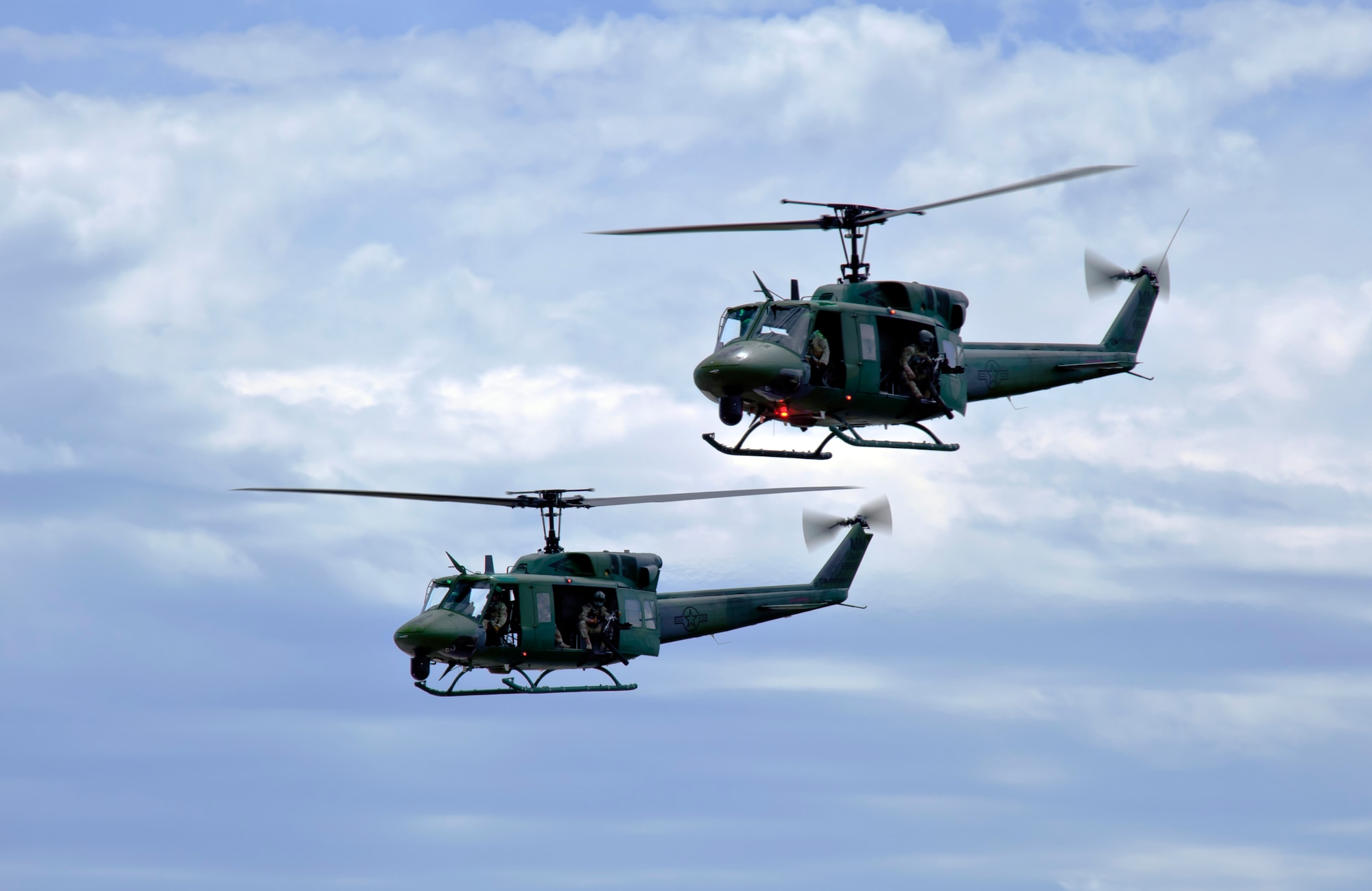 UH-1N helicopters with the 40th Helicopter Squadron performs flight maneuvers July 13, 2019, at the “Mission Over Malmstrom” open house event on Malmstrom Air Force Base, Mont.