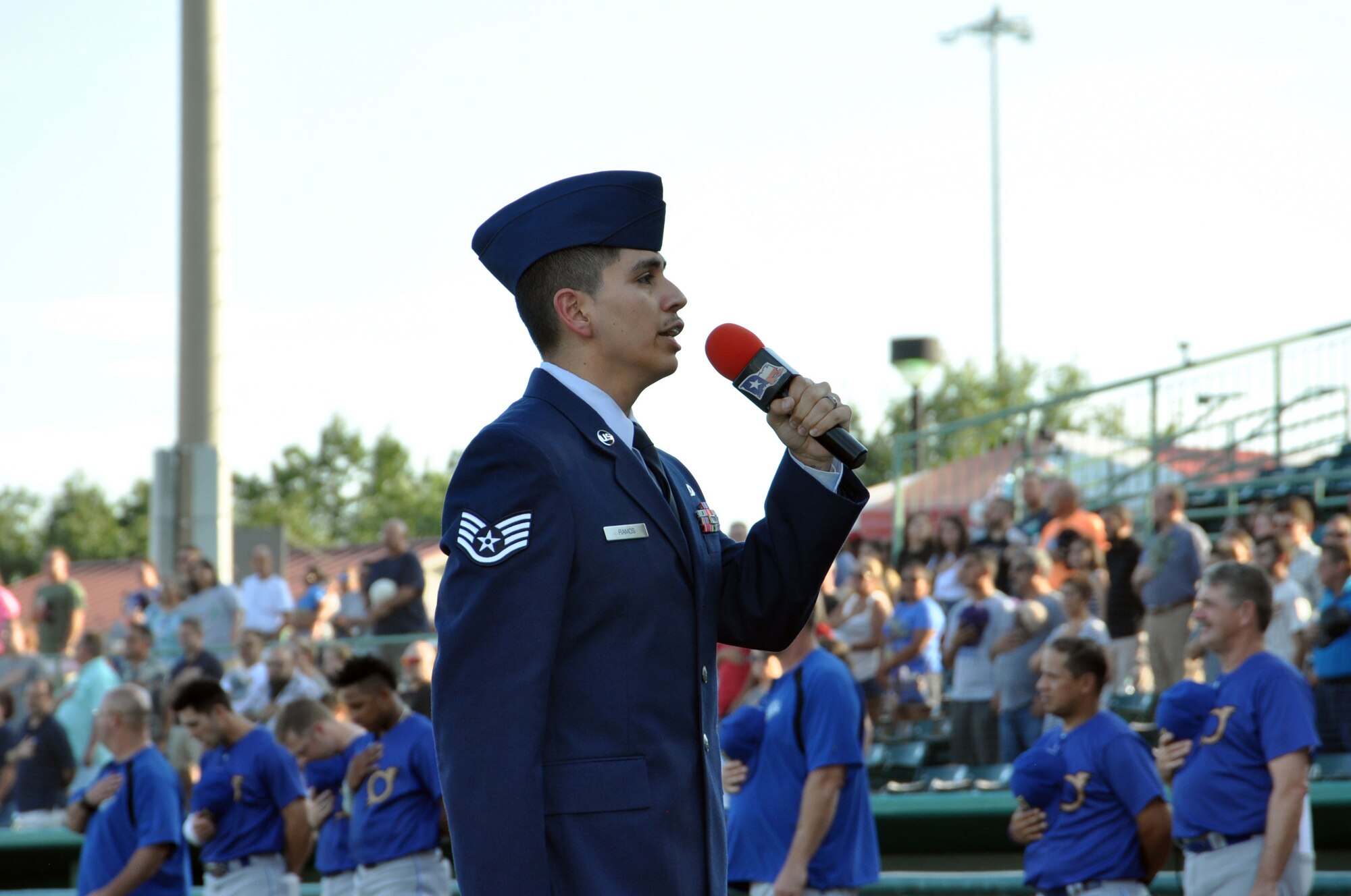 Staff Sgt. Joshua A. Ramos, 433rd Airlift Wing command post controller, sings the “The Star Spangled Banner” at the San Antonio Missions baseball team’s 433rd Airlift Wing Night game July 13, 2019 at Nelson W. Wolff Municipal Stadium.