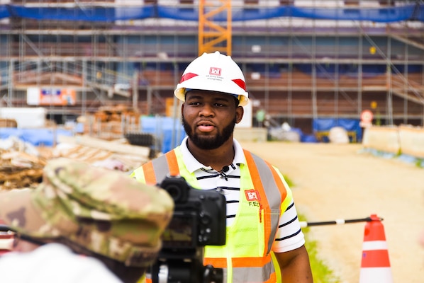 Samuel Coleman, a Tennessee State University senior civil engineering major, is interviewed at a construction site, Camp Humphreys, South Korea, July 15. Coleman is currently working as an intern at the U.S. Army Corps of Engineers, Far East District, as a part of the Advancing Minorities Interest in Engineering program.