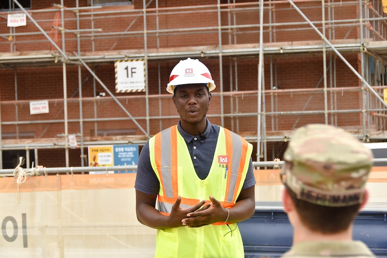 Samuel Coleman, a Tennessee State University senior civil engineering major, is interviewed at a construction site, Camp Humphreys, South Korea, July 15. Coleman is currently working as an intern at the U.S. Army Corps of Engineers, Far East District, as a part of the Advancing Minorities Interest in Engineering program.