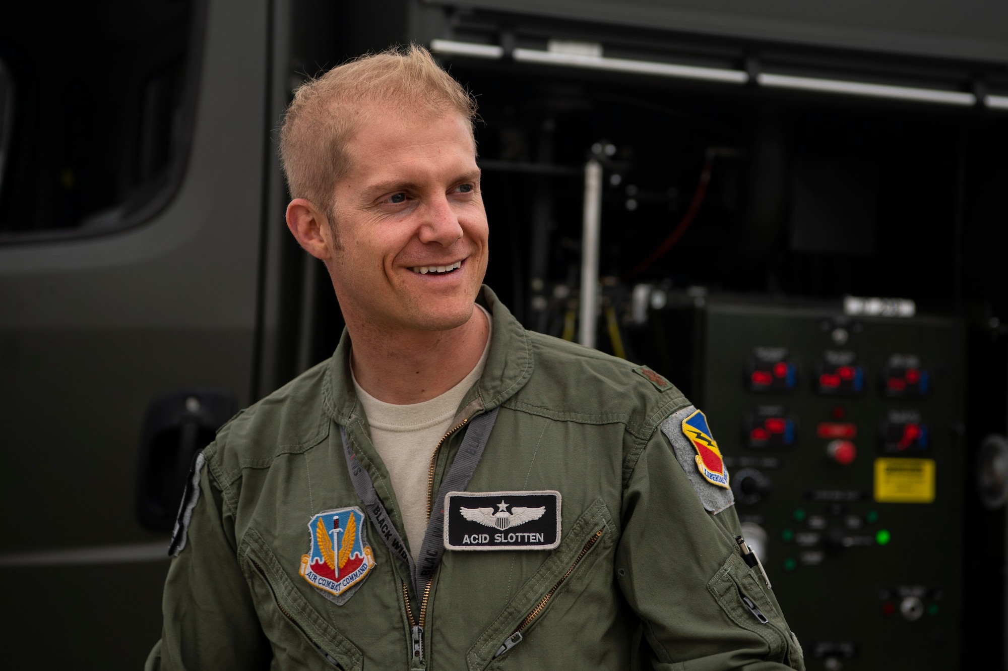U.S. Air Force Maj. Michael Slotten, 421st Fighter Squadron F-35A Lightning II pilot, prepares to refuel an F-35A at Spangdahlem Air Base, Germany, July 11, 2019. Slotten was stationed at Spangdahlem from 2004 to 2006 as an Airman first class fuels distributor operator. He visited his old unit and became requalified to refuel aircraft while deployed at Spangdahlem as part of a Theater Security Package. (U.S. Air Force photo by Airman 1st Class Valerie Seelye)