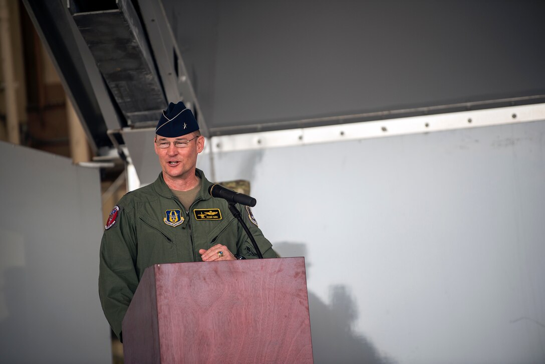 Brig. General Roger Suro, 442d Fighter Wing commander, gives remarks during the 476th Fighter Group change of command ceremony, July 14, 2019, at Moody Air Force Base, Ga. The ceremony is a military tradition that represents a formal transfer of a unit’s authority and responsibility from one commander to another. (U.S. Air Force photo by Airman 1st Class Eugene Oliver)