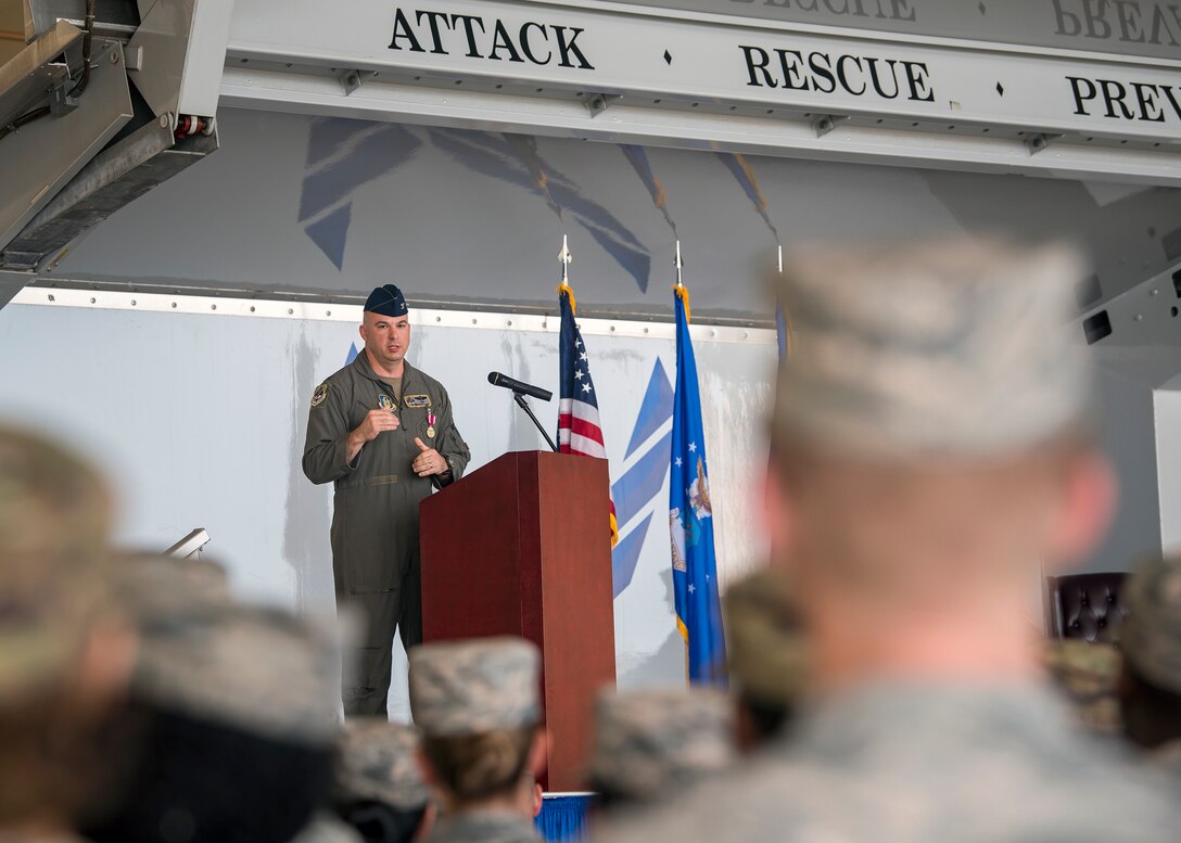 Col. Gerald Cook, 476th Fighter Group commander, gives remarks during a change of command ceremony, July 14, 2019, at Moody Air Force Base (AFB), Ga. The ceremony is a military tradition that represents a formal transfer of a unit’s authority and responsibility from one commander to another. Cook will depart Moody AFB to attend the National War College in Washington D.C. (U.S. Air Force photo by Airman 1st Class Eugene Oliver)