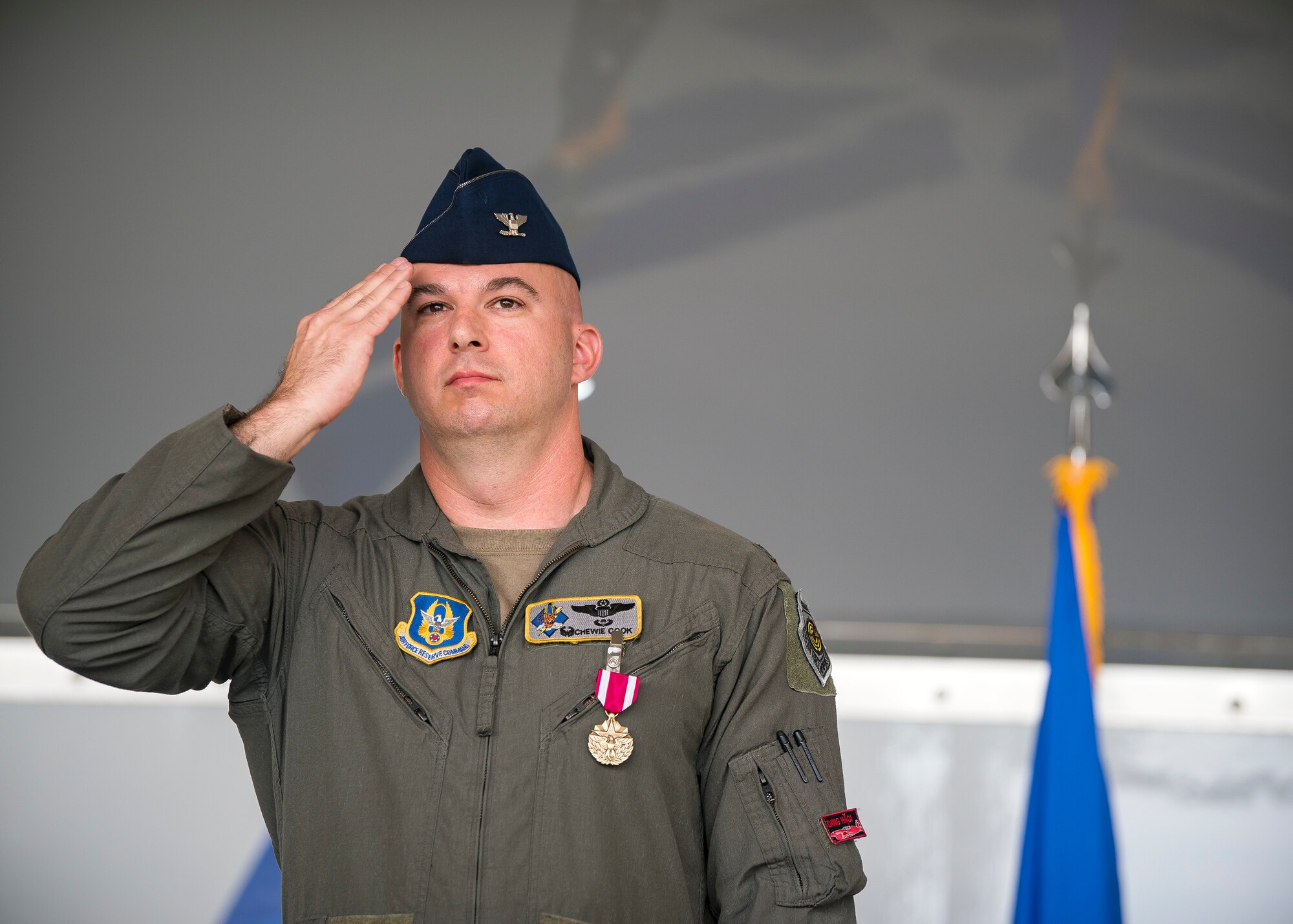 Col. Gerald Cook, 476th Fighter Group (FG) commander, renders a final salute to the Airmen of the 476th FG during a change of command ceremony, July 14, 2019, at Moody Air Force Base (AFB), Ga. The ceremony is a military tradition that represents a formal transfer of a unit’s authority and responsibility from one commander to another. Cook will depart Moody AFB to attend the National War College in Washington D.C. (U.S. Air Force photo by Airman 1st Class Eugene Oliver)