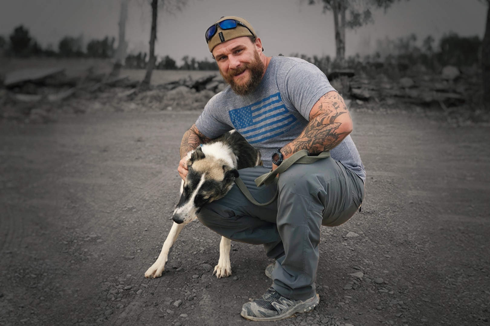Scott A. Wirtz poses for a photo with Stewie while deployed in August 2018. (Photo illustration by Alex Gikas, DIA Public Affairs)