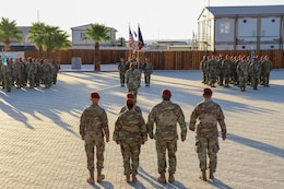 Soldiers of Task Force Sinai (TFS) stand in formation for a change of command ceremony at South Camp, Egypt, July 15, 2019. U.S. Army Col. Mark P. Ott relinquished command of TFS to Col. Robert J. Duchaine at a change command ceremony hosted by Maj. Gen. John P. Sullivan, commander of 1st Theater Sustainment Command.