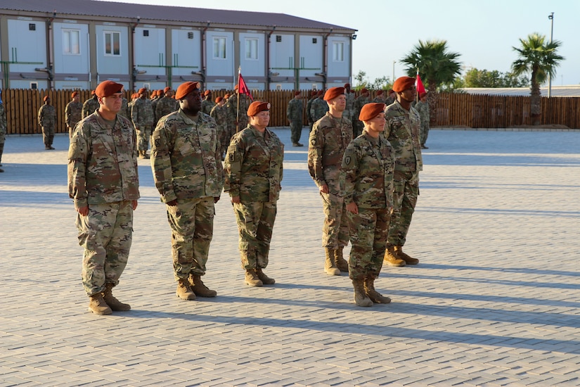 Soldiers of Task Force Sinai (TFS) stand in formation during a change of command ceremony at South Camp, Egypt, July 15, 2019. U.S. Army Maj. Gen. John P. Sullivan, commander of the 1st Theater Sustainment Command (1st TSC), visited Soldiers of TFS during his first visit to the Multinational Force and Observers since taking command of 1st TSC.