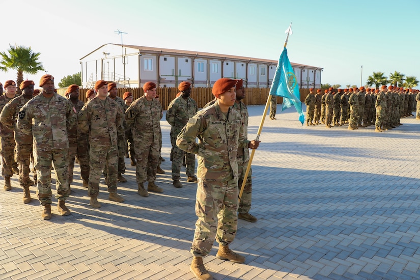 Soldiers of Headquarters and Headquarters Company (HHC), Task Force Sinai stand in formation during a change of command at South Camp, Sinai, Egypt, July 15, 2019. U.S. Army Capt. Soniel Barbosa II, the HHC commander, recently took command of HHC on July 8, 2019.