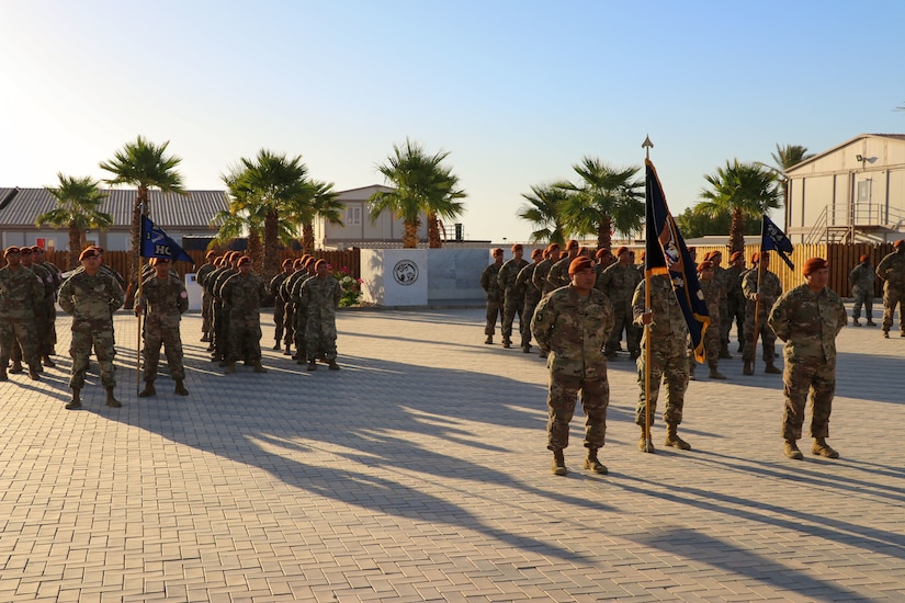 Soldiers of U.S. Battalion 66 (USBATT 66) stand in formation for the Task Force Sinai change of command ceremony at South Camp, Sinai, Egypt, July 15, 2019. USBATT 66 is comprised of Soldiers from 1st Battalion, 294th Infantry Regiment, Guam Army National Guard.