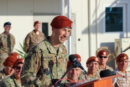 U.S. Army Col. Robert J. Duchaine, the incoming commander of Task Force Sinai (TFS), addresses service members and civilians of the Multinational Force and Observers (MFO) during a change of command ceremony at South Camp, Egypt, July 15, 2019. Duchaine was assigned to the Joint Staff as an operations officer at the National Military Command Center before taking the reins of TFS.
