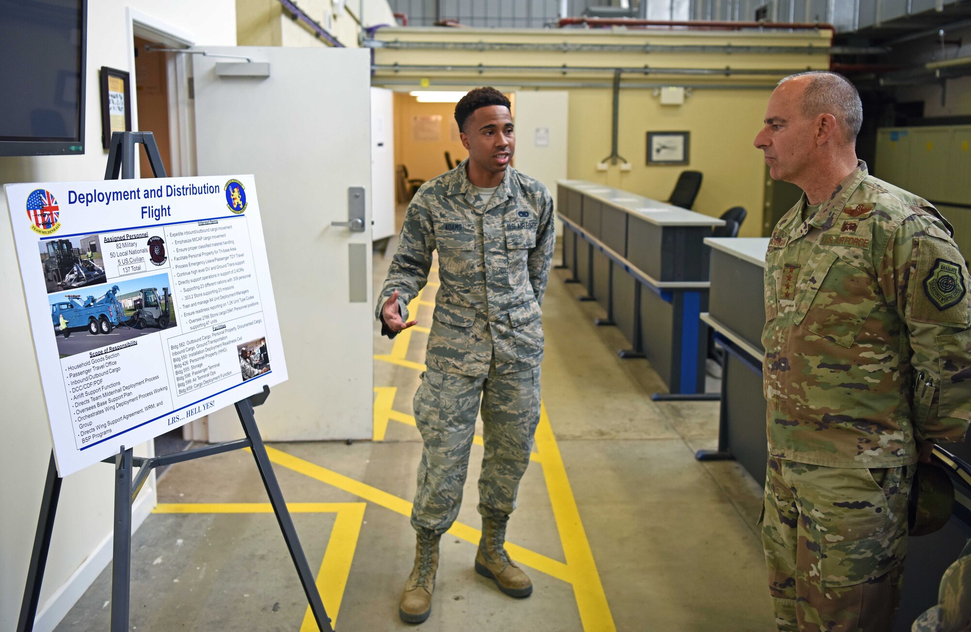 U.S. Air Force Gen. Jeff Harrigian, U.S. Air Forces in Europe – Air Forces Africa commander, receives a logistics briefing from Staff Sgt. Amir Adams, 100th Logistics Readiness Squadron member, at RAF Mildenhall, England, July 15, 2019. During the visit, Harrigian discussed how crucial RAF Mildenhall is to our allies all over the region. (U.S. Air Force photo by Airman 1st Class Brandon Esau)