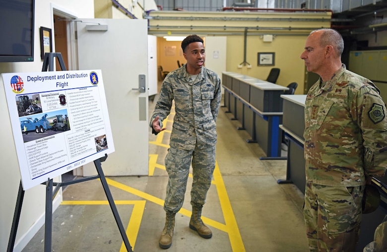 U.S. Air Force Gen. Jeff Harrigian, U.S. Air Forces in Europe – Air Forces Africa commander, receives a logistics briefing from Staff Sgt. Amir Adams, 100th Logistics Readiness Squadron member, at RAF Mildenhall, England, July 15, 2019. During the visit, Harrigian discussed how crucial RAF Mildenhall is to our allies all over the region. (U.S. Air Force photo by Airman 1st Class Brandon Esau)