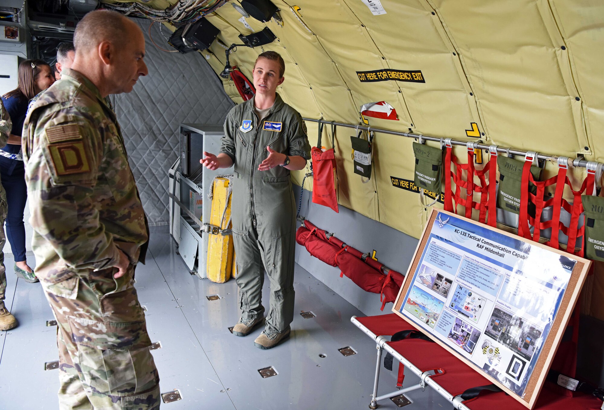 U.S. Air Force Gen. Jeff Harrigian, U.S. Air Forces in Europe – Air Forces Africa commander, receives a KC-135 Stratotanker briefing from Capt. Marissa “Doom” Strauss, 351st Air Refueling Squadron weapons officer, during a visit to RAF Mildenhall, England, July 15, 2019. During the visit, Harrigian introduced his three priorities as USAFE-AFAFRICA commander – readiness, posture and partnerships. (U.S. Air Force photo by Airman 1st Class Brandon Esau)