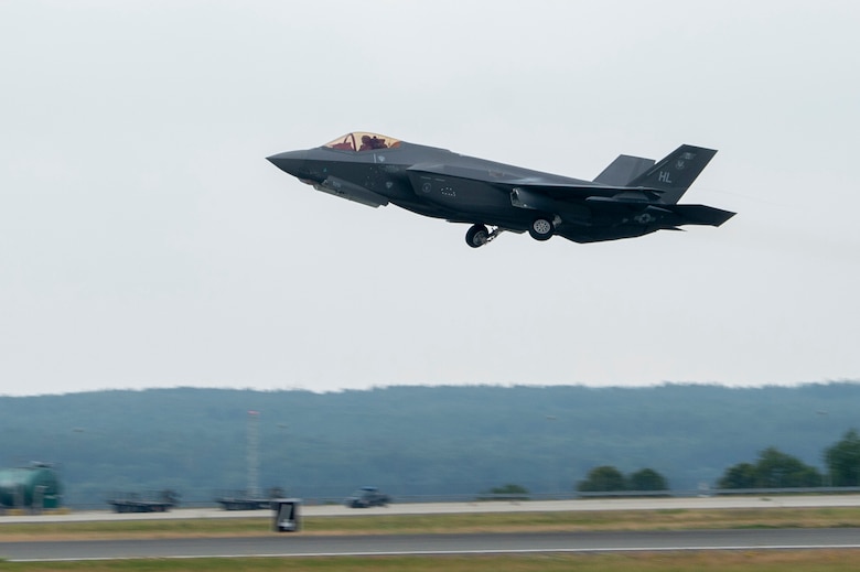 A U.S. Air Force F-35A Lightning II, assigned to the 421st Fighter Squadron, Hill Air Force Base, Utah, takes off at Spangdahlem Air Base, Germany, July 16, 2019, during Operation Rapid Forge. Rapid Forge aircraft are forward deploying to bases in the territory of NATO allies in order to enhance readiness and improve interoperability. The goal of the operation is to enhance readiness in coordination with U.S. allies and partners in Europe. (U.S. Air Force photo by Airman 1st Class Kyle Cope)