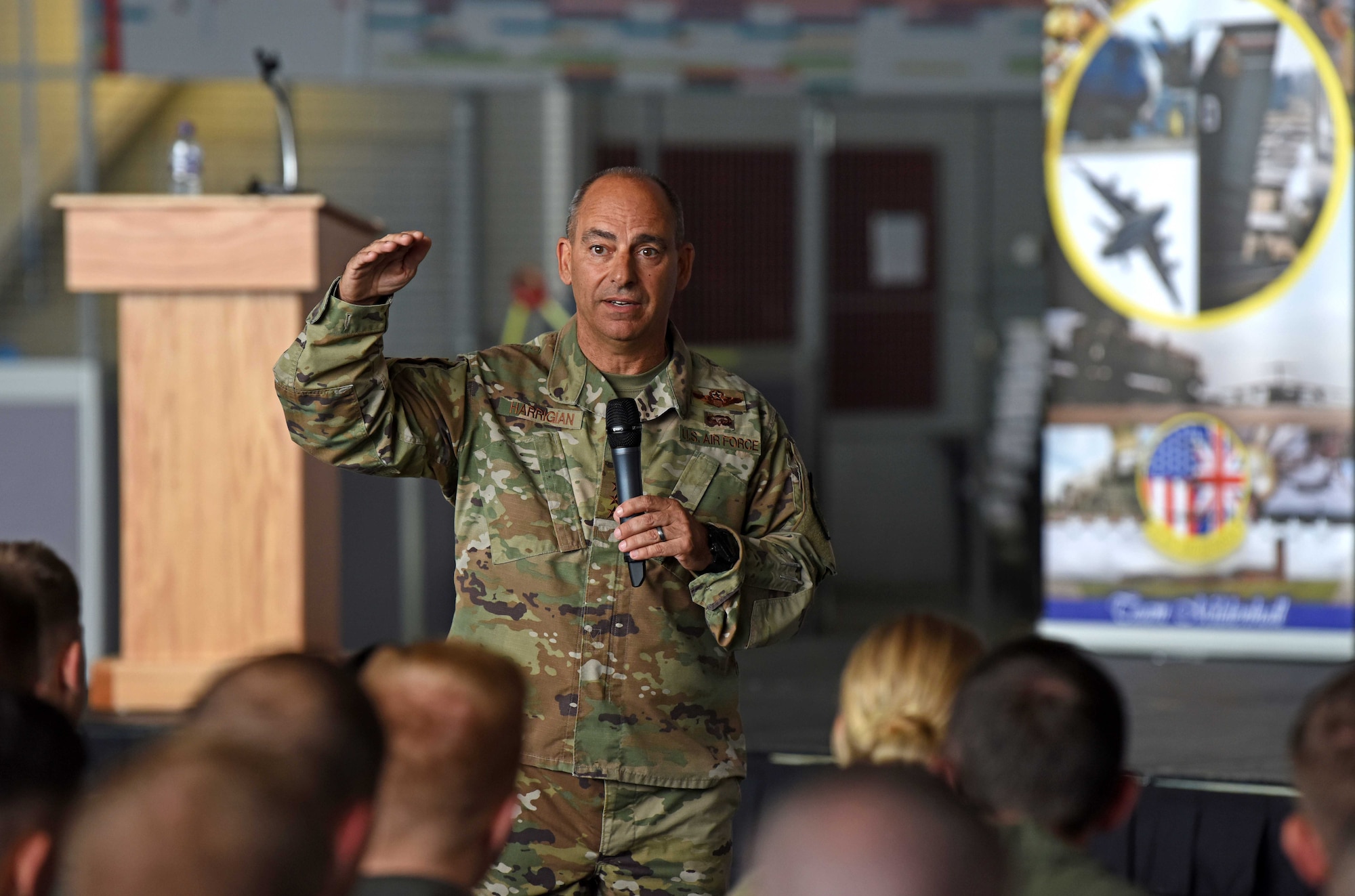 U.S. Air Force Gen. Jeff Harrigian, U.S. Air Forces in Europe - Air Forces Africa commander, discusses his priorities during an all-call at Hangar 814 on RAF Mildenhall, England, July 15, 2019. During the visit, Harrigian stressed the importance of strengthening partnerships through various exercises and a shared, common goal. (U.S. Air Force photo by Airman 1st Class Brandon Esau)