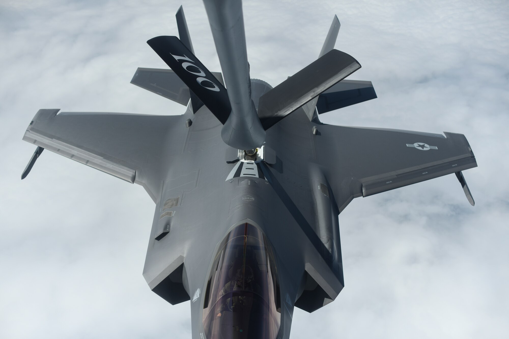 A U.S. Air Force F-35A Lighting II assigned to the 388th Fighter Wing, Hill Air Force Base, Utah, receives fuel from a KC-135 Stratotanker assigned to the 351st Air Refueling Squadron, RAF Mildenhall, England, over the Baltic Sea July 13, 2019. The F-35s conducted training with other U.S. Air Forces and partner-nation aircraft as part of a Theater Security Package deployment to Europe. (U.S. Air Force photo by Airman 1st Class Joseph Barron)